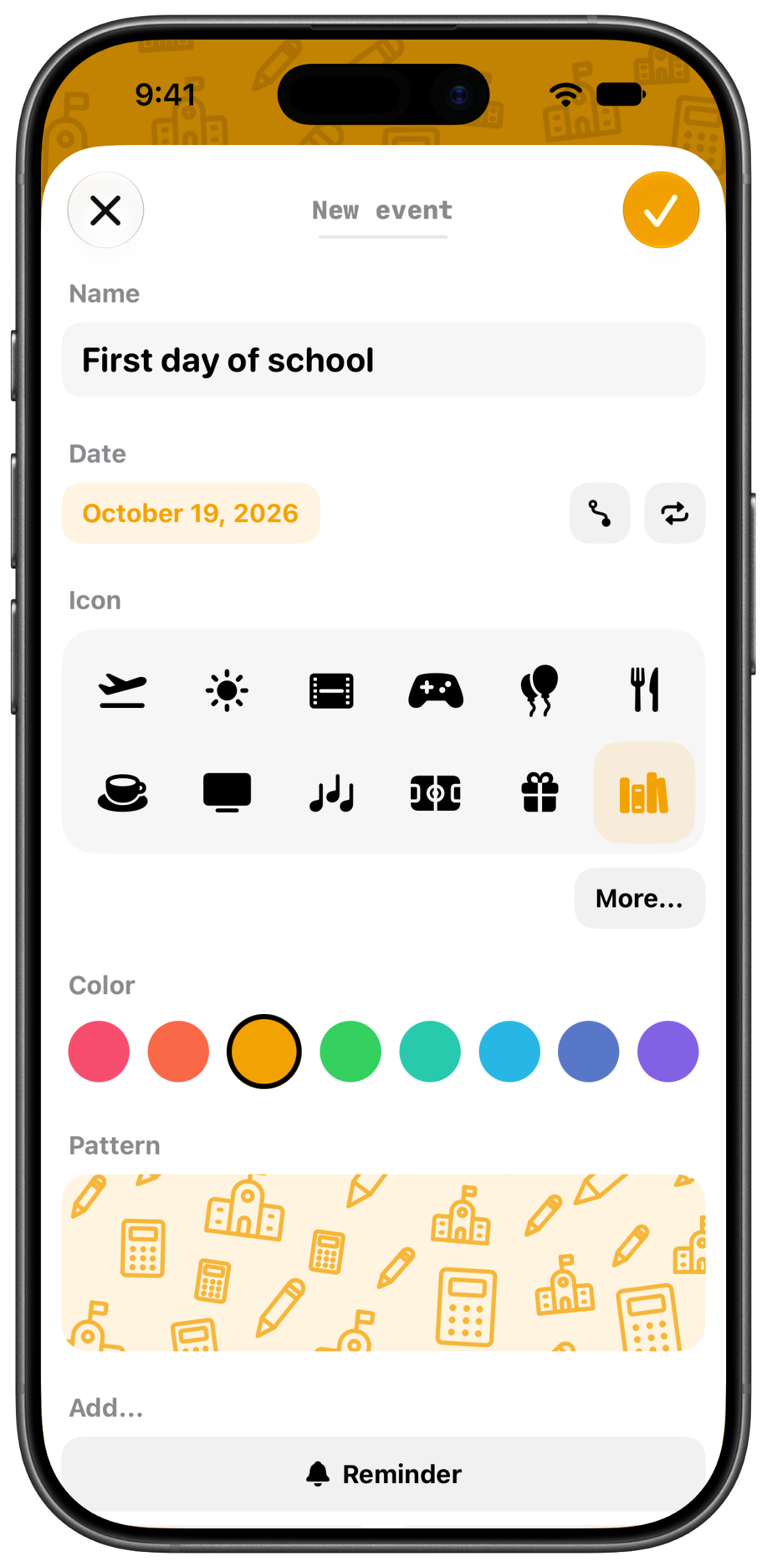 Making an event: a name, a date, an icon and a colour