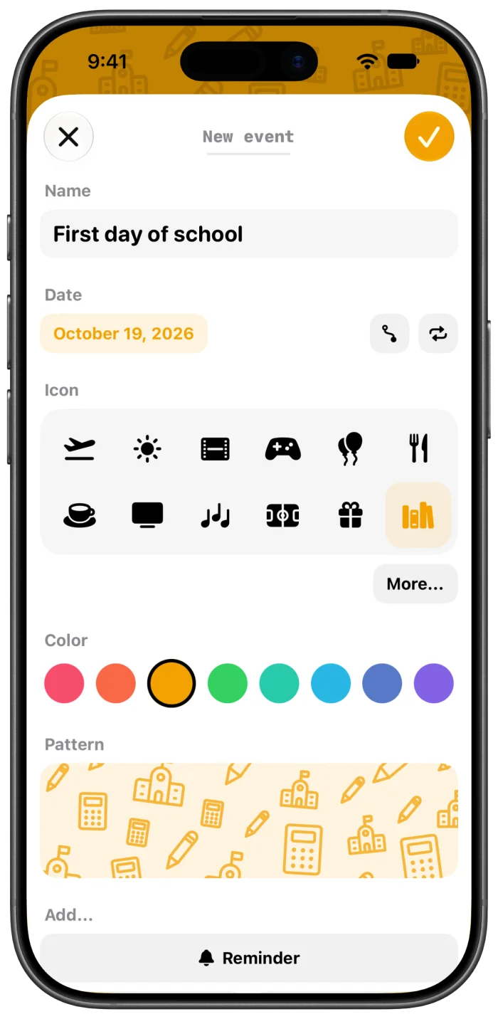 Making an event: a name, a date, an icon and a colour