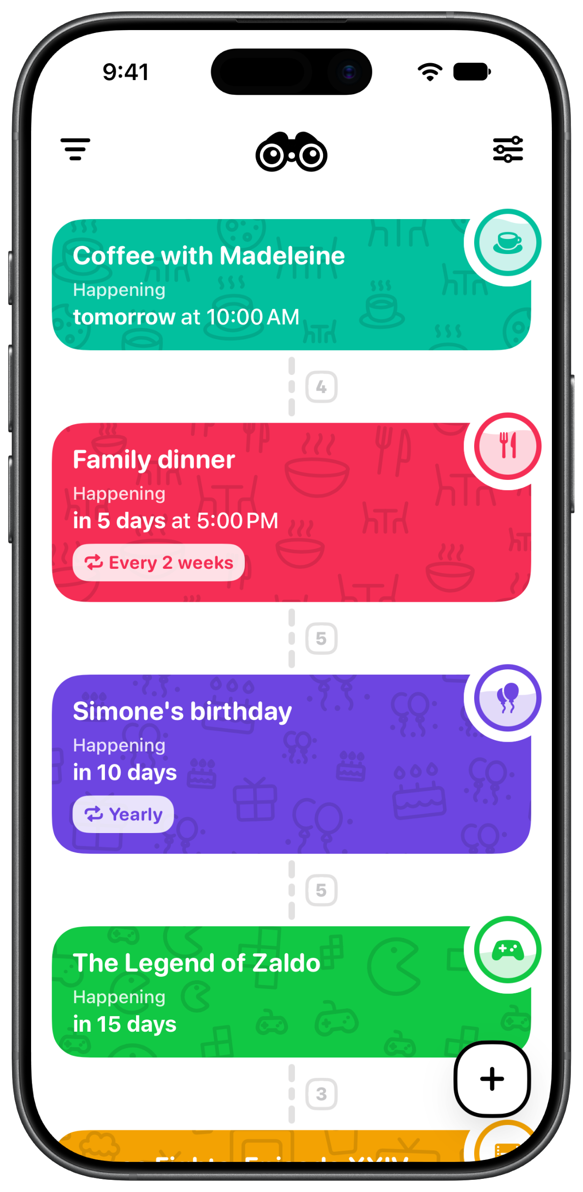 The timeline: events in order, each a coloured card with a countdown