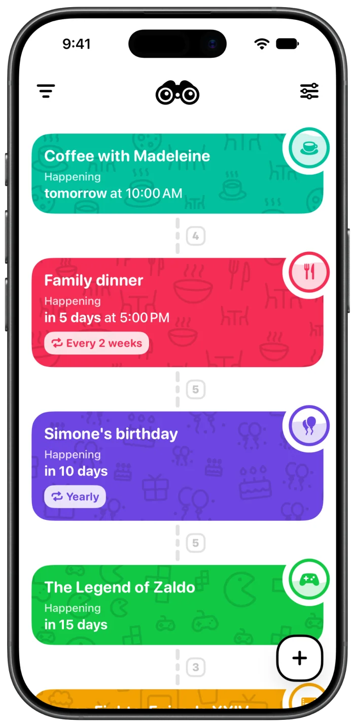The timeline: events in order, each a coloured card with a countdown