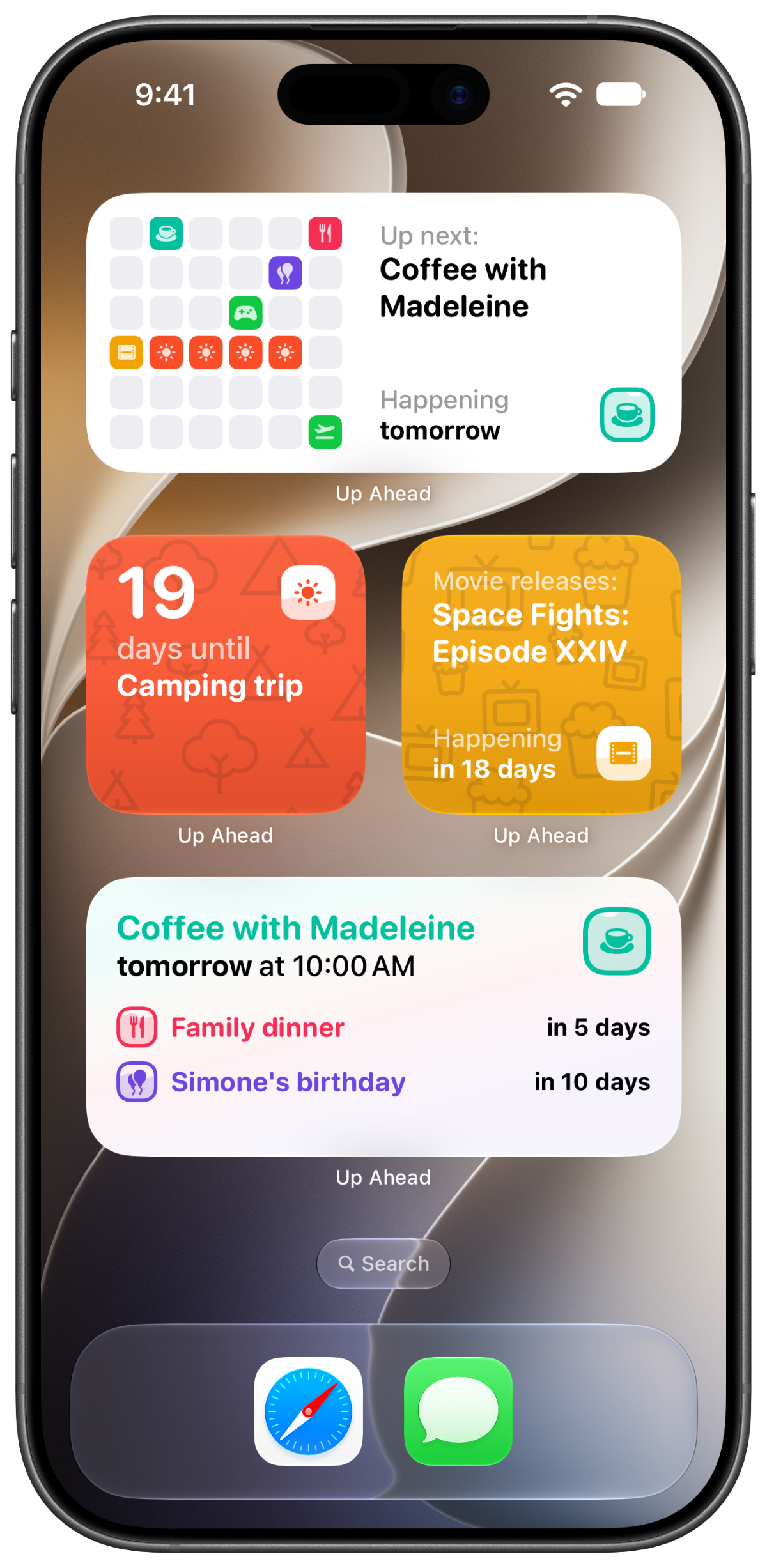 Home screen widgets: a grid of the month ahead, countdowns to a camping trip and a movie, and a list of what is coming up