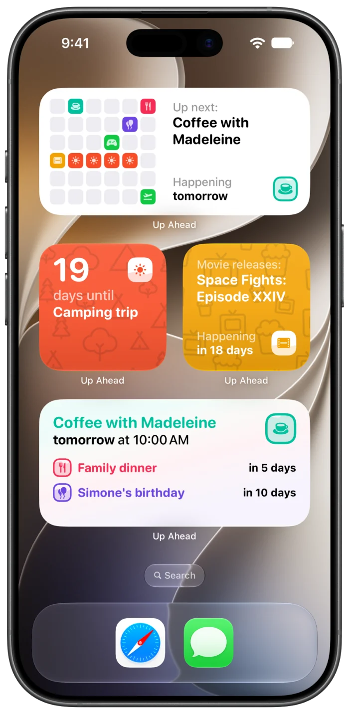 Home screen widgets: a grid of the month ahead, countdowns to a camping trip and a movie, and a list of what is coming up